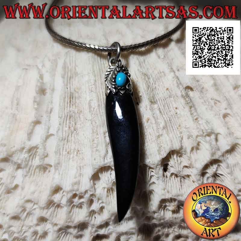 Pendentif en argent, corne d'onyx sur crochet décoré de feuille et turquoise