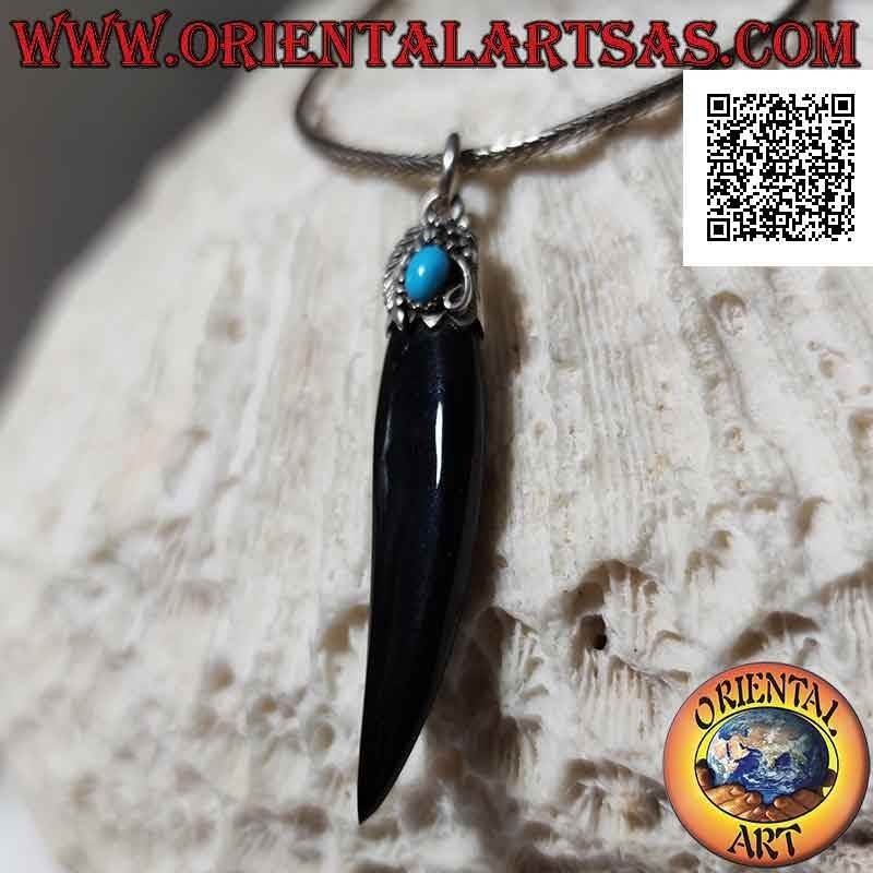 Silver pendant, onyx horn on hook decorated with leaf and turquoise