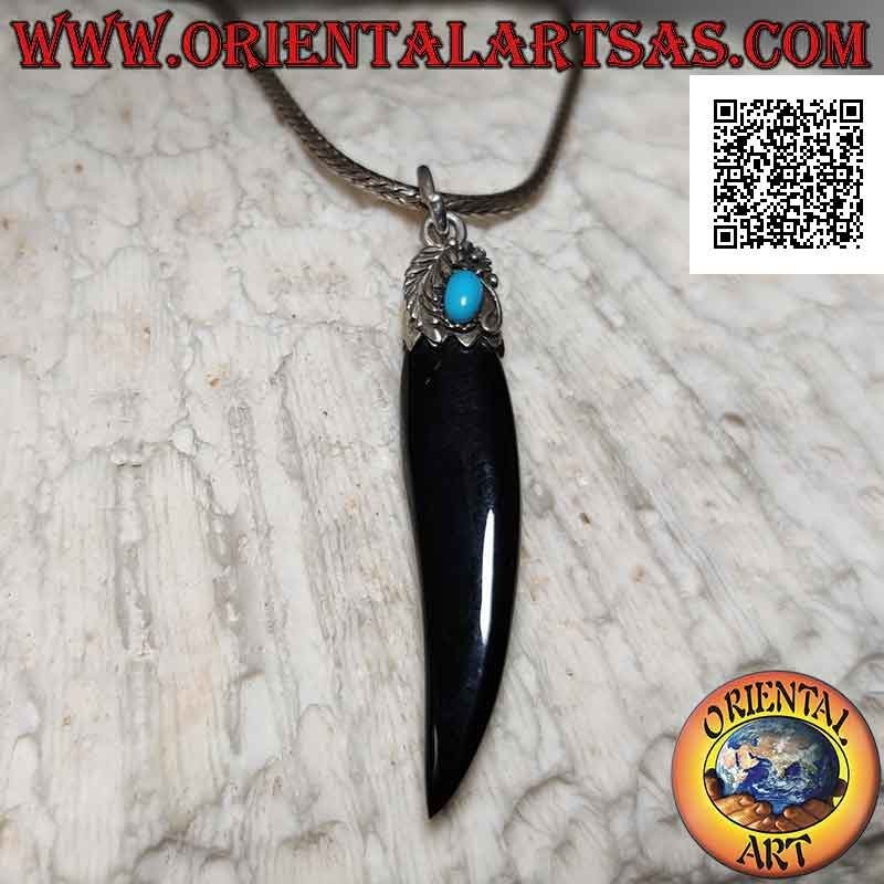 Pendentif en argent, corne d'onyx sur crochet décoré de feuille et turquoise