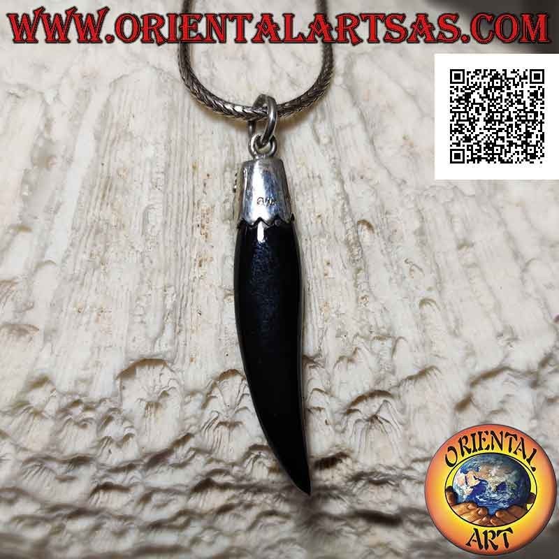 Pendentif en argent, corne d'onyx sur crochet décoré de feuille et turquoise