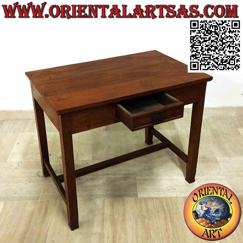 Scrivania antica con cassetto centrale e poggiapiedi in legno di teak