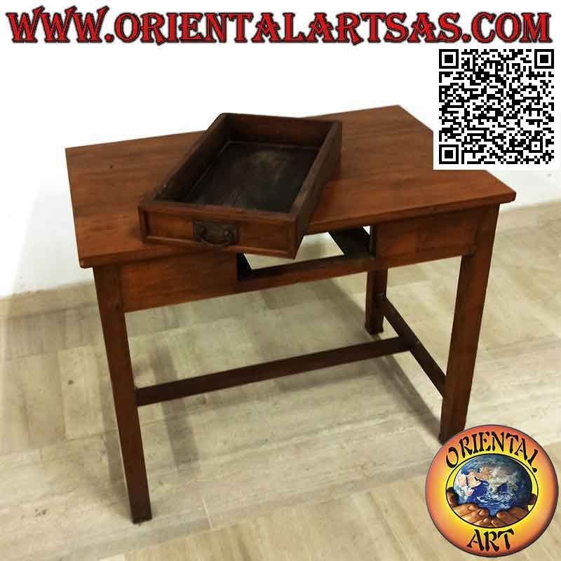 Scrivania antica con cassetto centrale e poggiapiedi in legno di teak