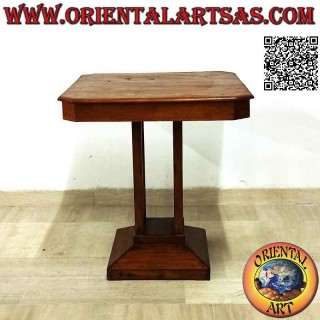 Mesa de salón cuadrada con pie central cuadrado en madera de teca antigua