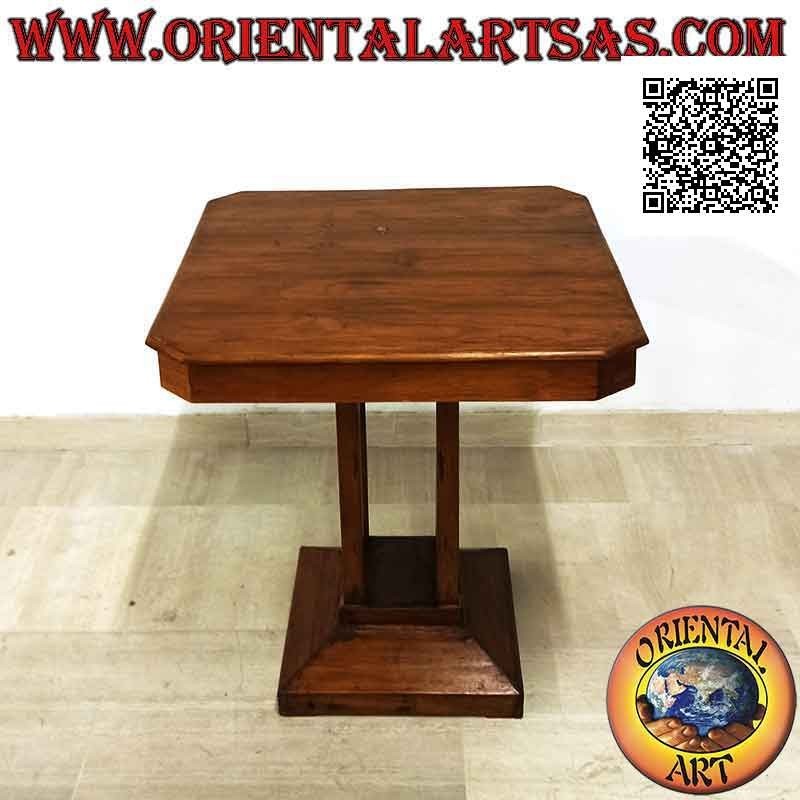 Tavolo quadrato da salotto con piede centrale quadrato in legno antico di teak