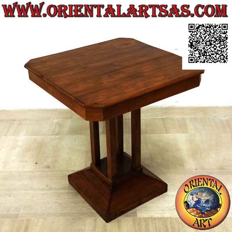 Tavolo quadrato da salotto con piede centrale quadrato in legno antico di teak