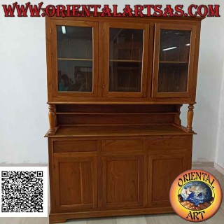 Credenza alta con 3 cassetti e 3 ante vetrate e 3 chiuse in legno di teak massiccio