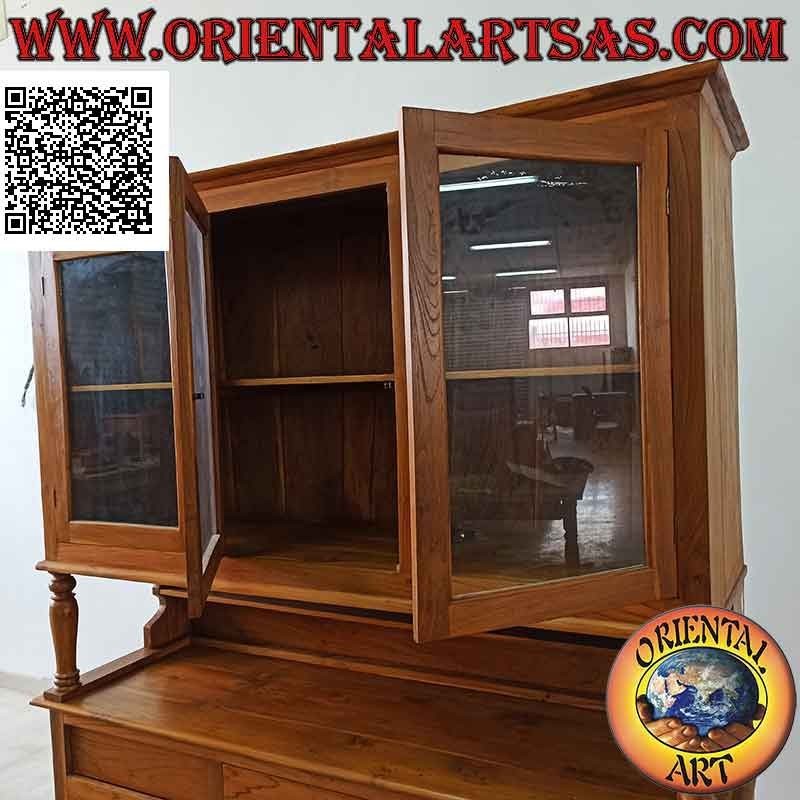 High sideboard with 3 drawers and 3 glass doors and 3 closed doors in solid teak wood