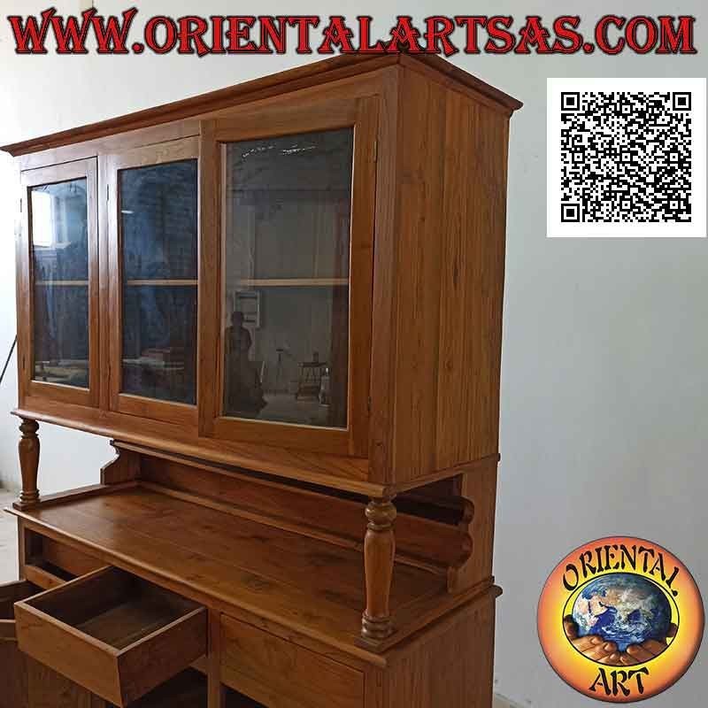 Credenza alta con 3 cassetti e 3 ante vetrate e 3 chiuse in legno di teak massiccio