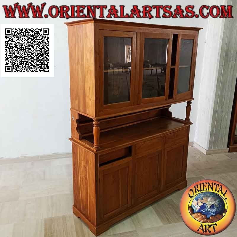 Hohes Sideboard mit 3 Schubladen und 3 Glastüren und 3 geschlossenen Türen aus massivem Teakholz