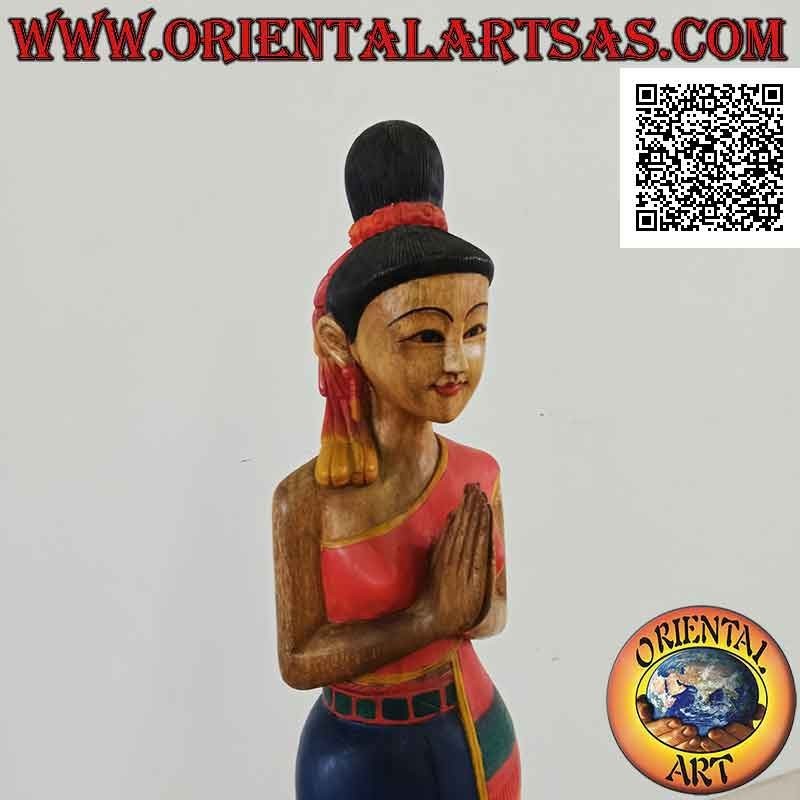 Sculpture of a Thai woman in a formal welcome greeting "Wai or Sawasdee" in 150 cm suar wood (blue)