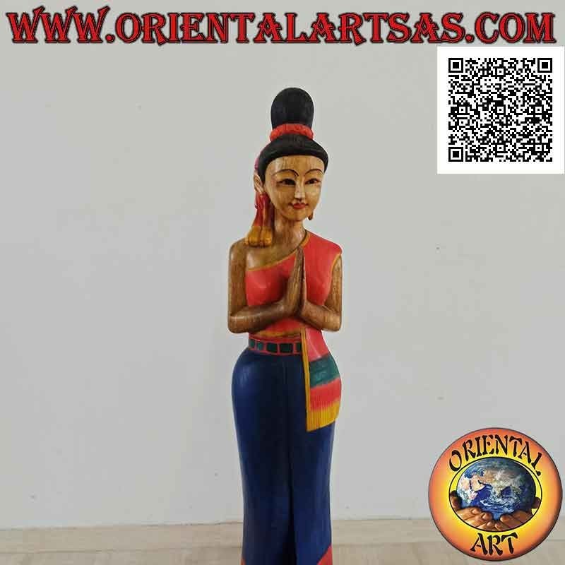 Sculpture of a Thai woman in a formal welcome greeting "Wai or Sawasdee" in 150 cm suar wood (blue)