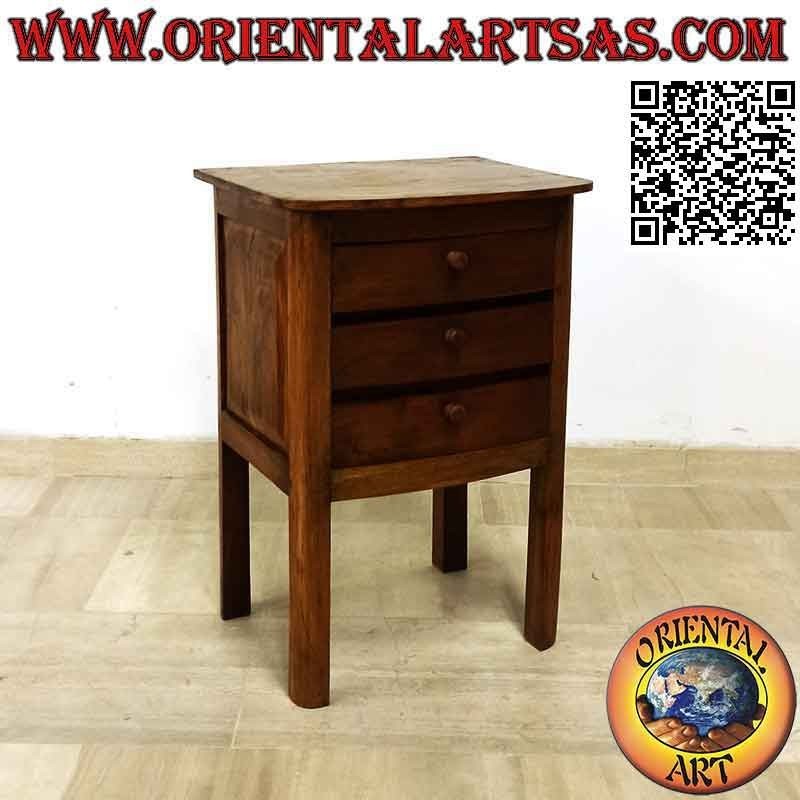 Bedside table with three drawers with high feet in teak wood