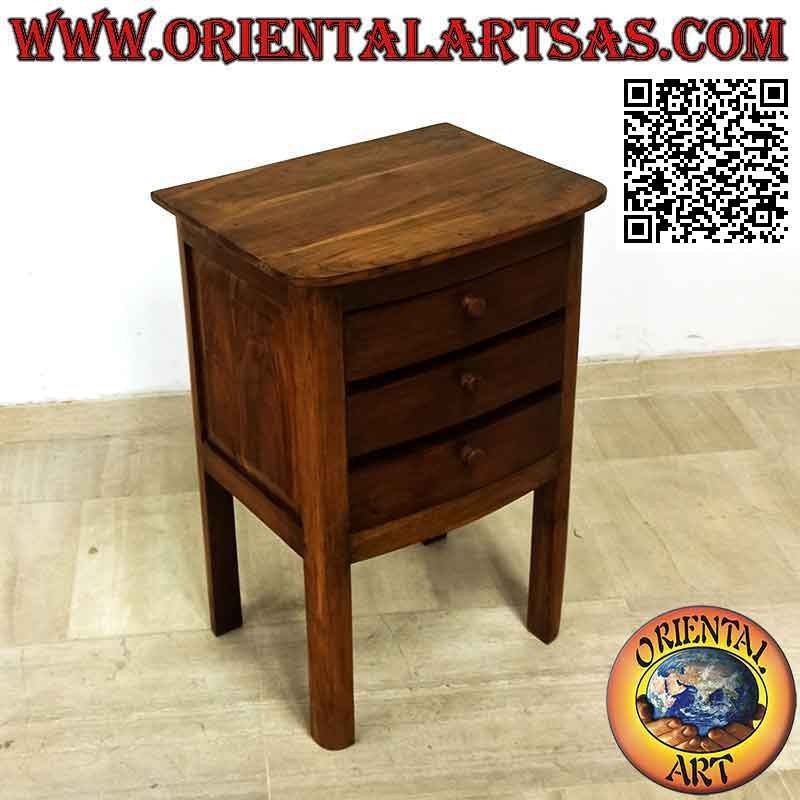 Bedside table with three drawers with high feet in teak wood