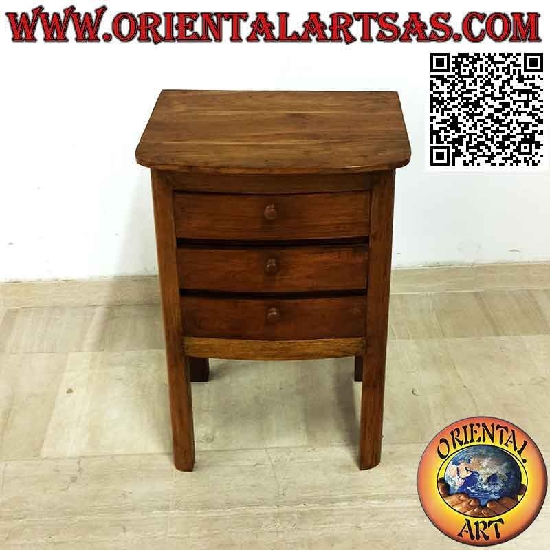 Bedside table with three drawers with high feet in teak wood