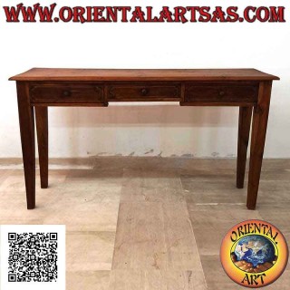 Console table with three drawers with square spiked legs in teak wood