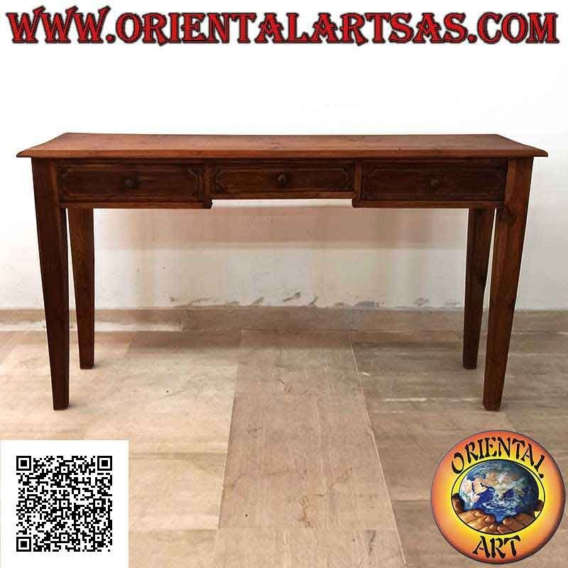Tavolo consolle a tre cassetti con gambe quadrate a spillo in legno di teak