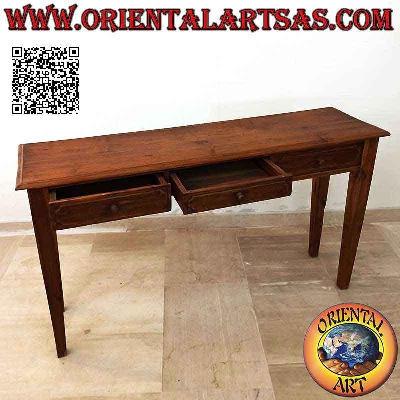 Consola de tres cajones con patas cuadradas de púas en madera de teca
