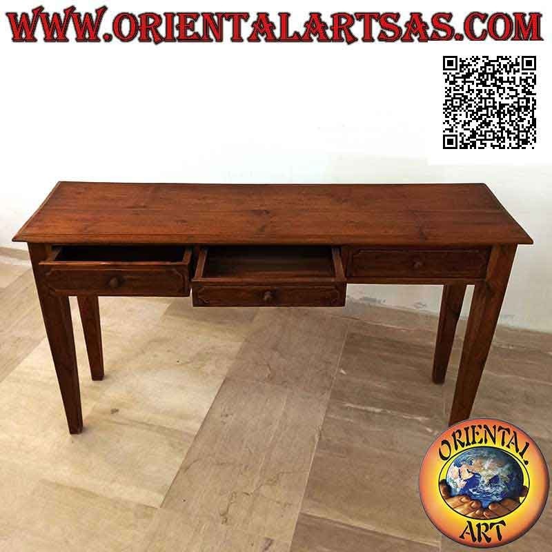 Consola de tres cajones con patas cuadradas de púas en madera de teca
