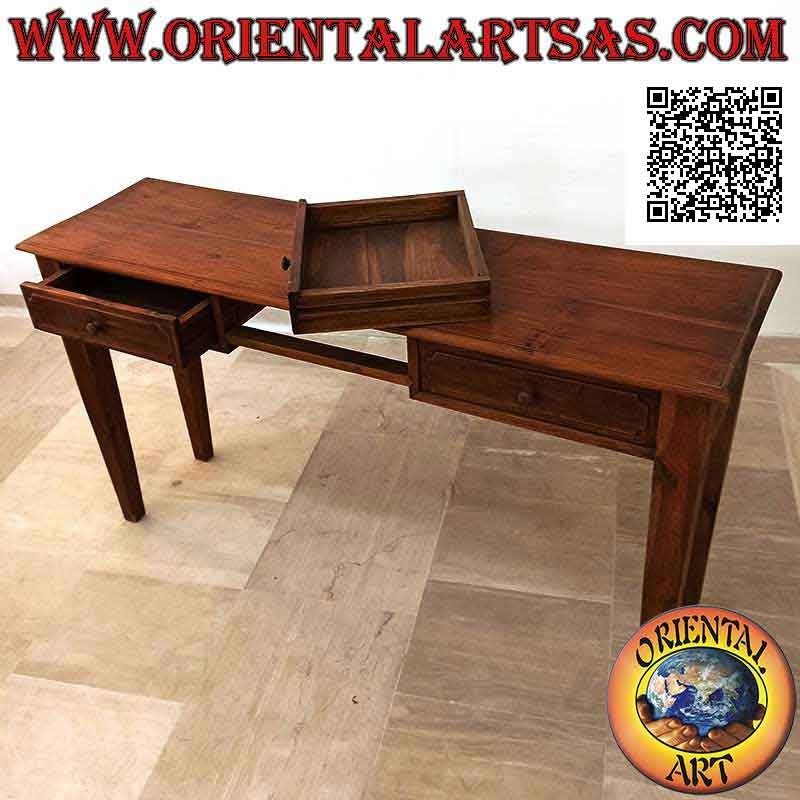 Tavolo consolle a tre cassetti con gambe quadrate a spillo in legno di teak