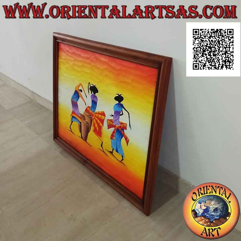 Cuadro pintado a mano sobre madera en estilo saharaui, "Músicos y bailarines"