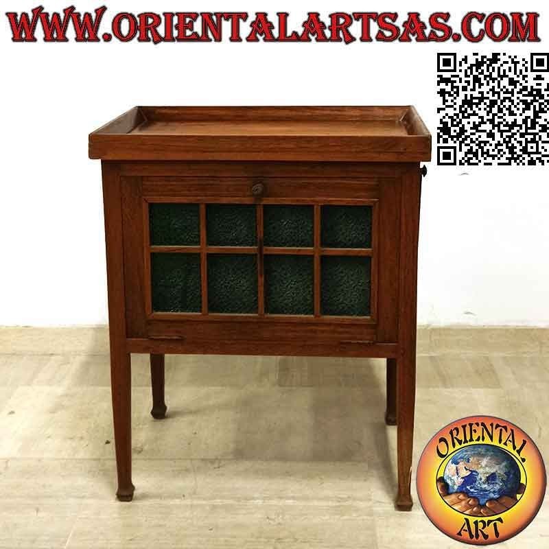 Mesa de bar con vitrina (vidrio verde) en madera de teca antigua