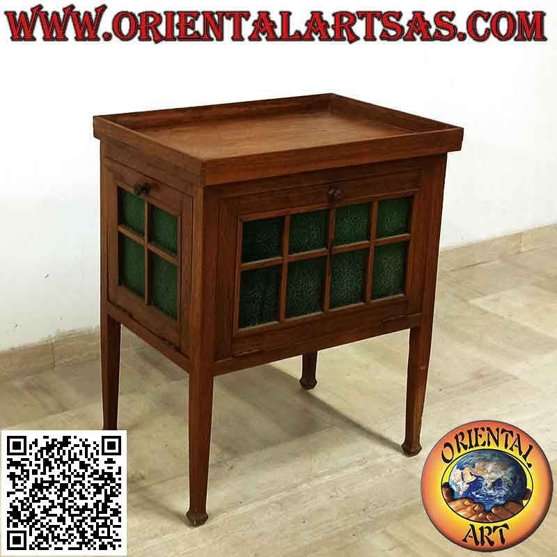 Table de bar avec meuble en verre (verre vert) en bois de teck ancien