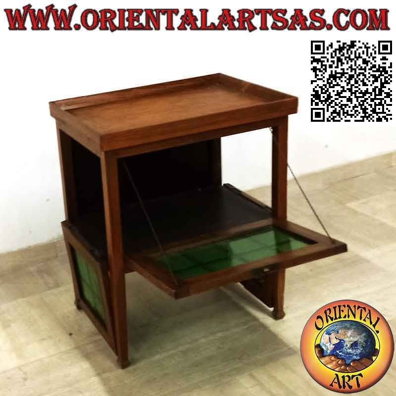 Mesa de bar con vitrina (vidrio verde) en madera de teca antigua