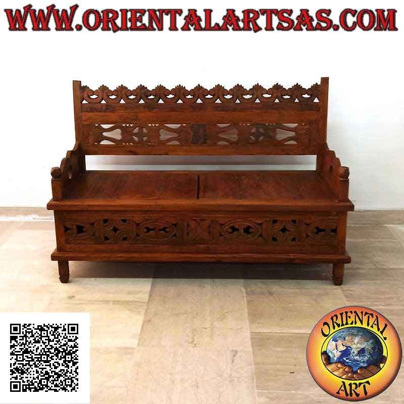 Panca - cassapanca con schienale intarsiato e apertura centrale in legno di teak