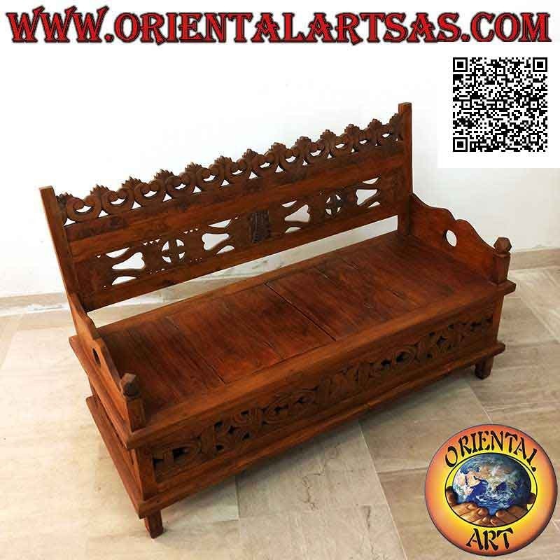 Panca - cassapanca con schienale intarsiato e apertura centrale in legno di teak