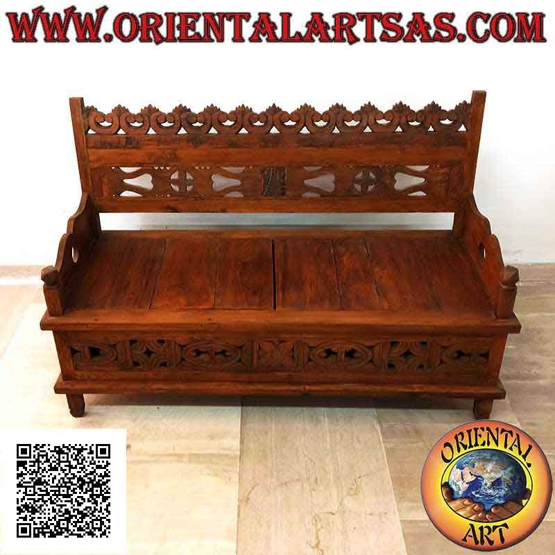 Panca - cassapanca con schienale intarsiato e apertura centrale in legno di teak