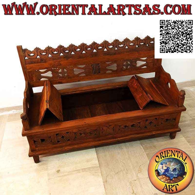 Panca - cassapanca con schienale intarsiato e apertura centrale in legno di teak