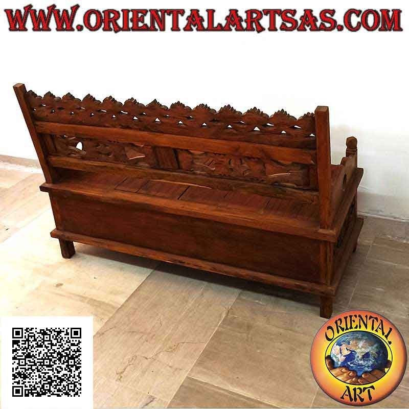 Panca - cassapanca con schienale intarsiato e apertura centrale in legno di teak