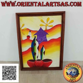 Cuadro pintado a mano sobre madera en estilo Sahara, "Familia en las dunas del desierto"