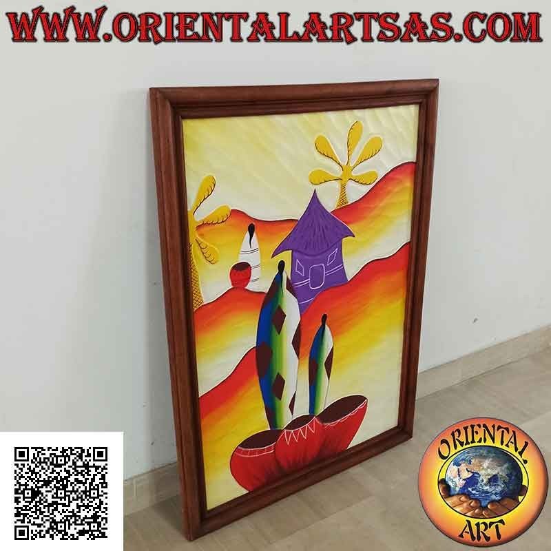 Cuadro pintado a mano sobre madera en estilo Sahara, "Familia en las dunas del desierto"