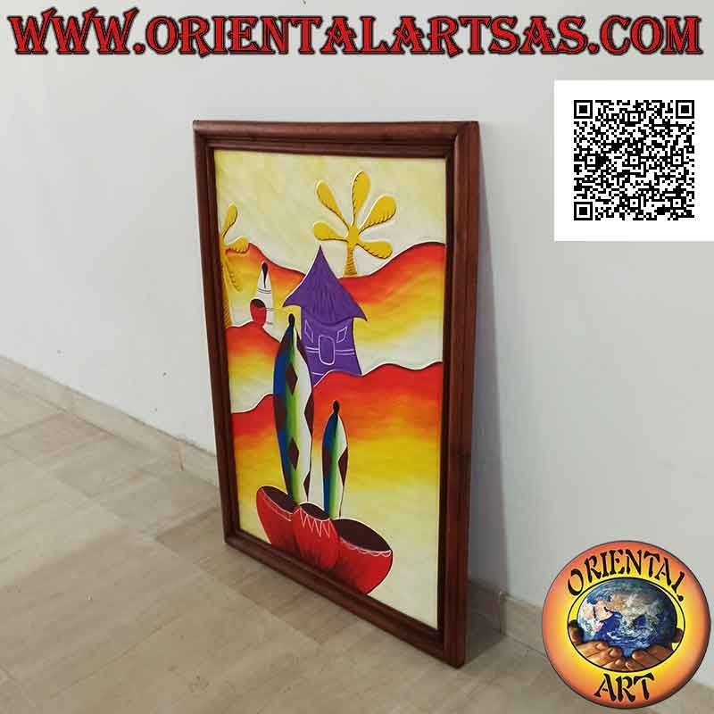 Cuadro pintado a mano sobre madera en estilo Sahara, "Familia en las dunas del desierto"