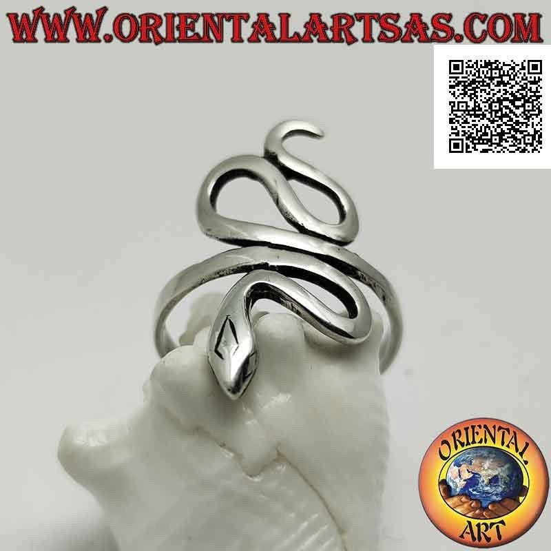 Silver ring in the shape of a snake with smooth skin in sinuous movement