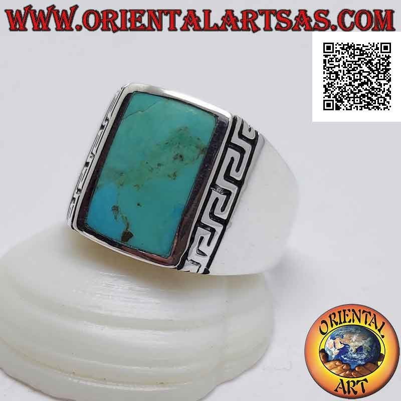 Silver ring with rectangular natural turquoise surrounded by a Greek engraving (27)