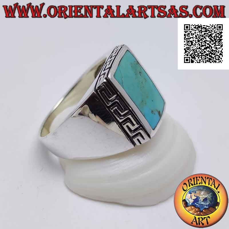 Silver ring with rectangular natural turquoise surrounded by a Greek engraving (27)