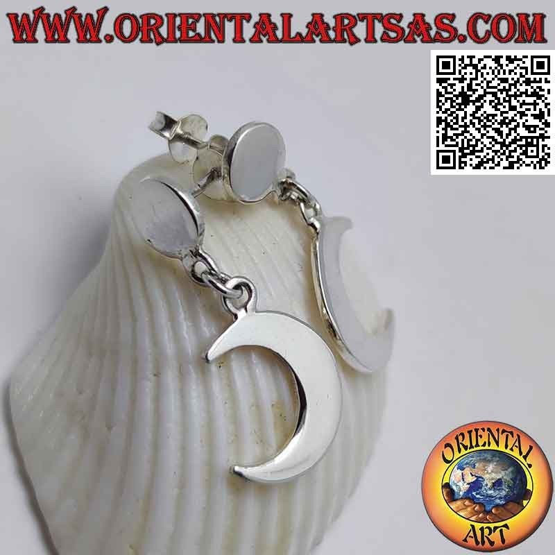 Boucles d'oreilles en argent avec plaque à lobe lisse et pendentif croissant de lune lisse