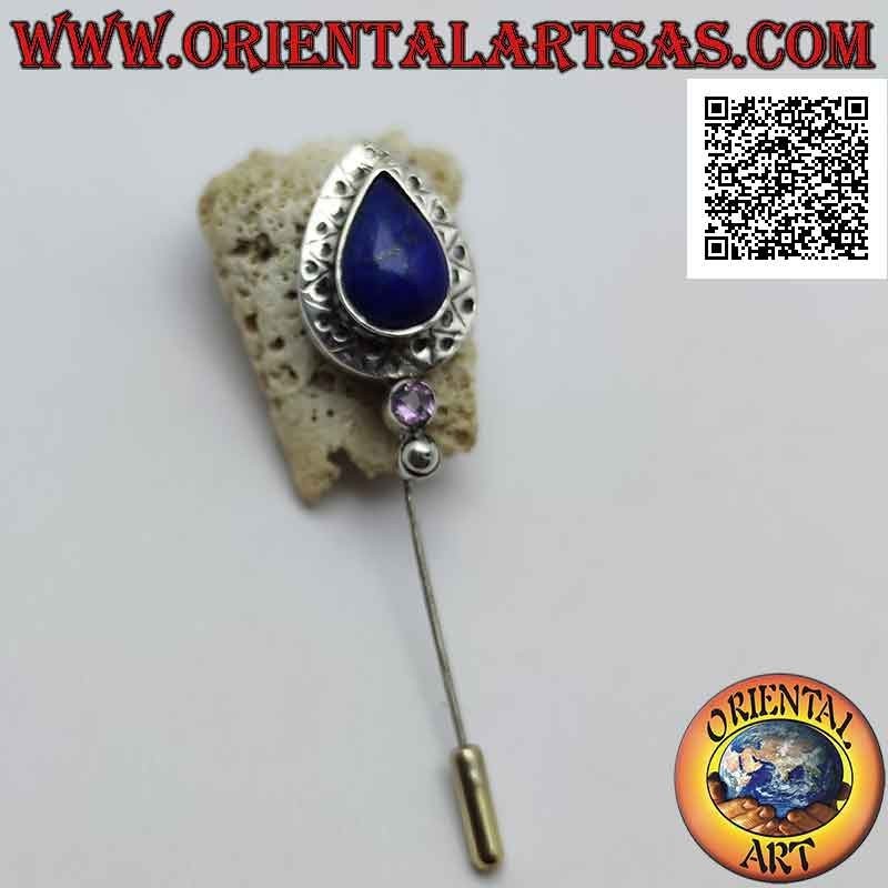Broche aiguille en argent avec lapis lazuli en forme de goutte entouré de gravures décoratives et améthyste ronde en dessous