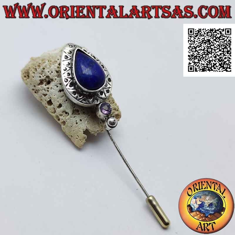 Spilla ad ago in argento con lapislazzulo a goccia contornato da incisioni decorative e ametista tonda sotto