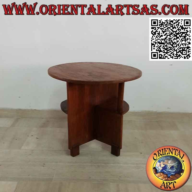 Mesa de centro redonda con estantes asimétricos en madera de teca antigua