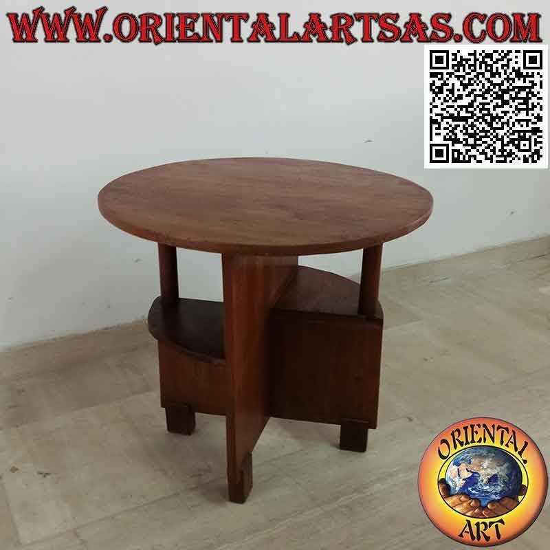 Tavolino da salotto rotondo con ripiani asimmetrici in legno antico di teak