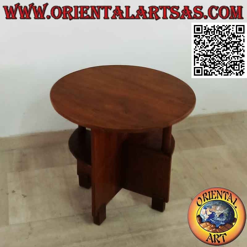 Table basse ronde avec étagères asymétriques en bois de teck ancien