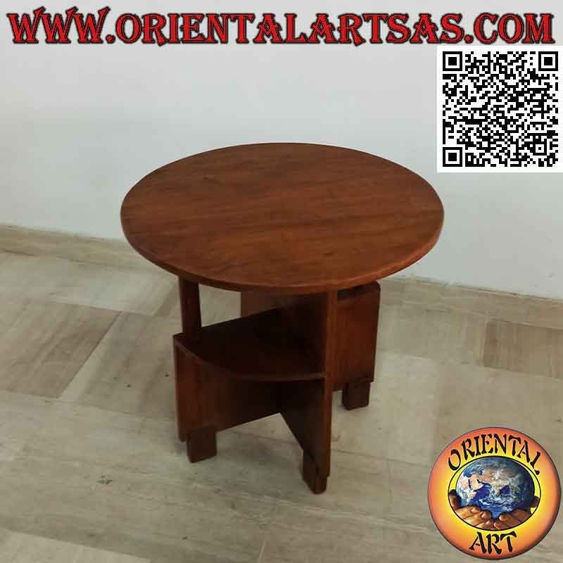 Tavolino da salotto rotondo con ripiani asimmetrici in legno antico di teak