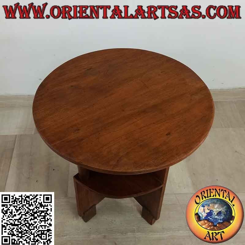 Tavolino da salotto rotondo con ripiani asimmetrici in legno antico di teak