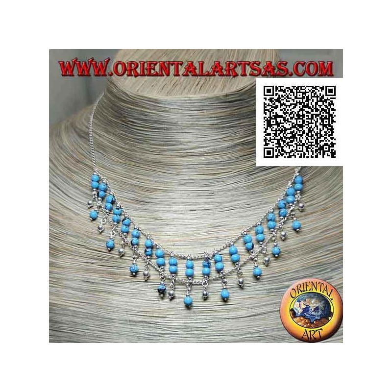 Collana in argento 925 ‰ a girocollo con doppia fila di perline turchese sul petto e perline pendenti