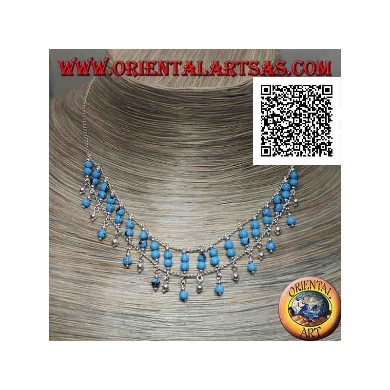 925 ‰ silver choker necklace with double row of turquoise beads on the chest and dangling beads
