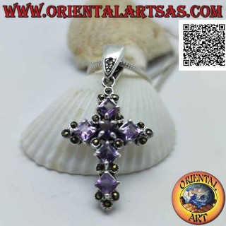 Silver pendant in the shape of a cross with 5 rhomboidal square amethysts and 1 central round and marcasite around