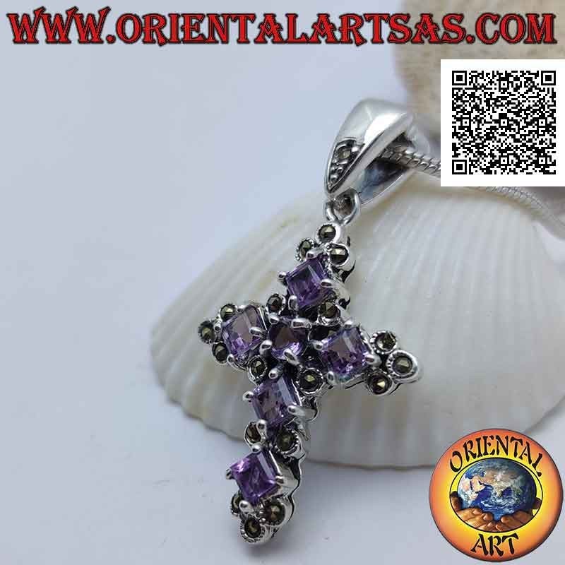 Silver pendant in the shape of a cross with 5 rhomboidal square amethysts and 1 central round and marcasite around